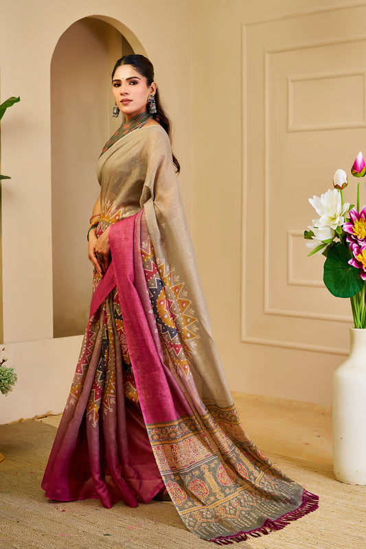 Taupe Grey and Magenta Tissue Silk Saree with Geometric Motifs, Ornate Pallu and Running Blouse for Festive Occasions