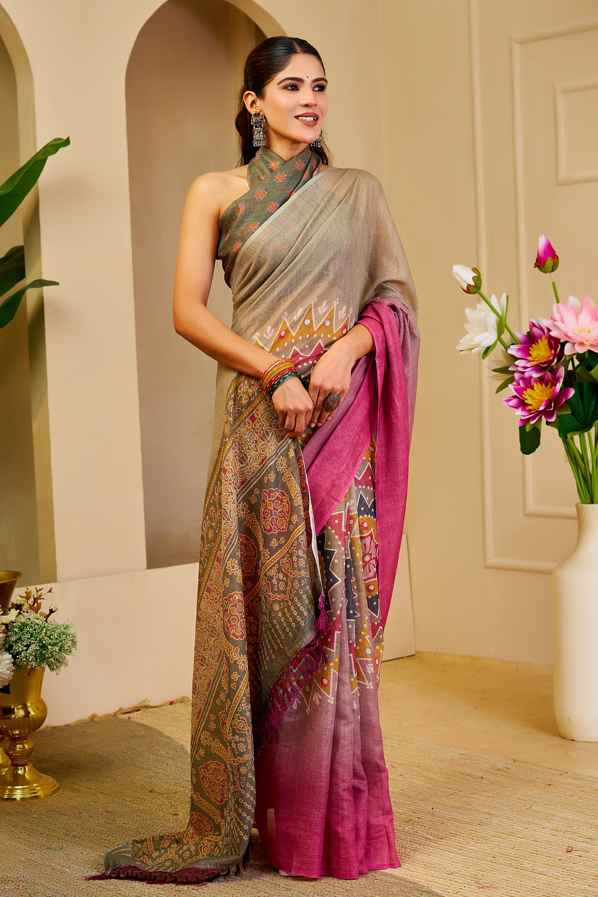 Taupe Grey and Magenta Tissue Silk Saree with Geometric Motifs, Ornate Pallu and Running Blouse for Festive Occasions