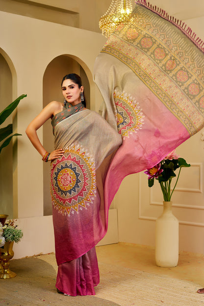 Taupe Grey and Magenta Tissue Silk Saree with Geometric Motifs, Ornate Pallu and Running Blouse for Festive Occasions