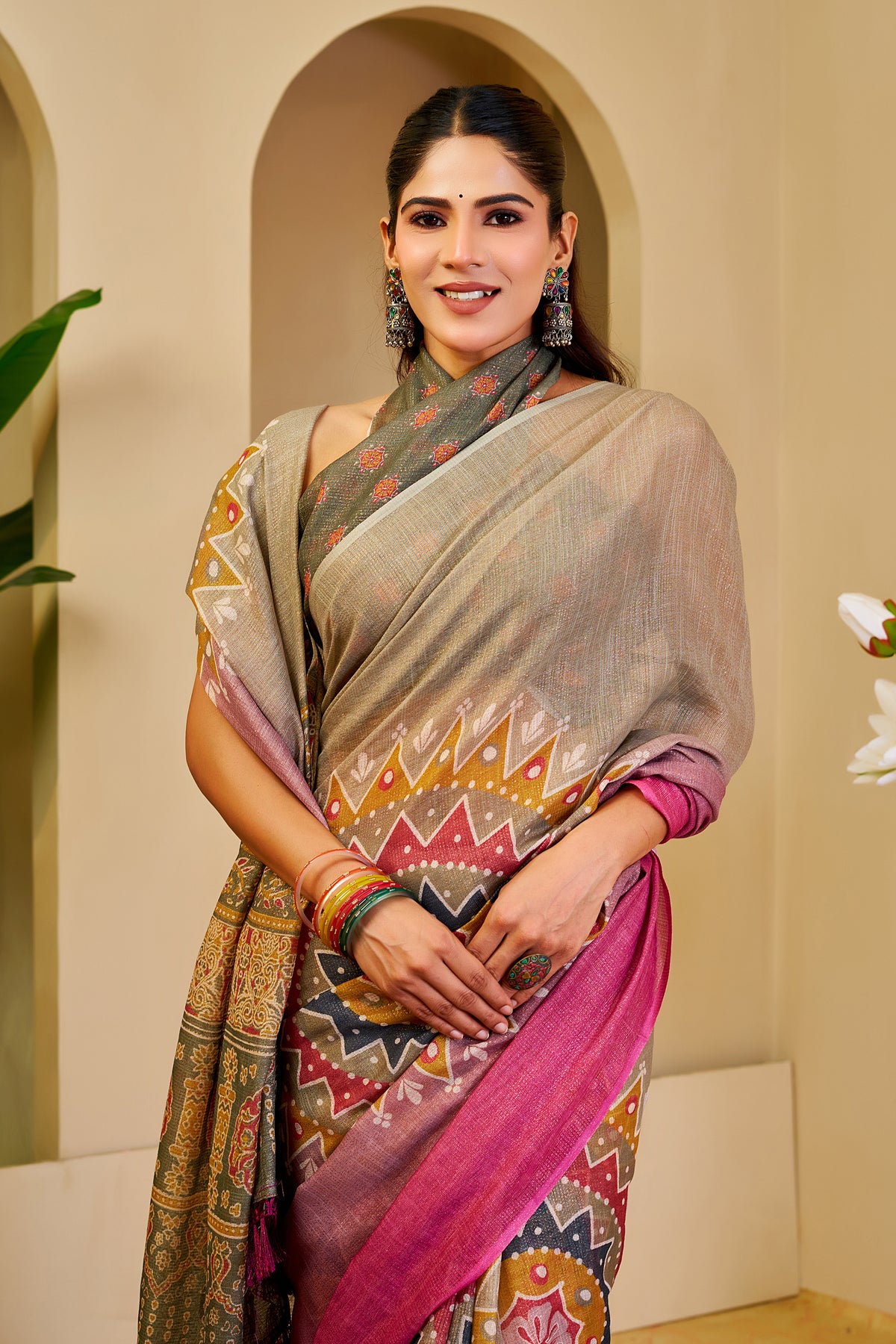 Taupe Grey and Magenta Tissue Silk Saree with Geometric Motifs, Ornate Pallu and Running Blouse for Festive Occasions