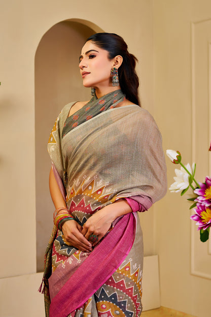 Taupe Grey and Magenta Tissue Silk Saree with Geometric Motifs, Ornate Pallu and Running Blouse for Festive Occasions