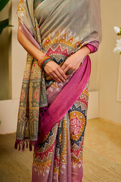 Taupe Grey and Magenta Tissue Silk Saree with Geometric Motifs, Ornate Pallu and Running Blouse for Festive Occasions
