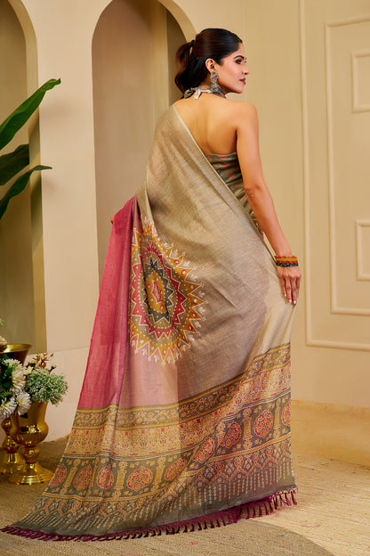 Taupe Grey and Magenta Tissue Silk Saree with Geometric Motifs, Ornate Pallu and Running Blouse for Festive Occasions