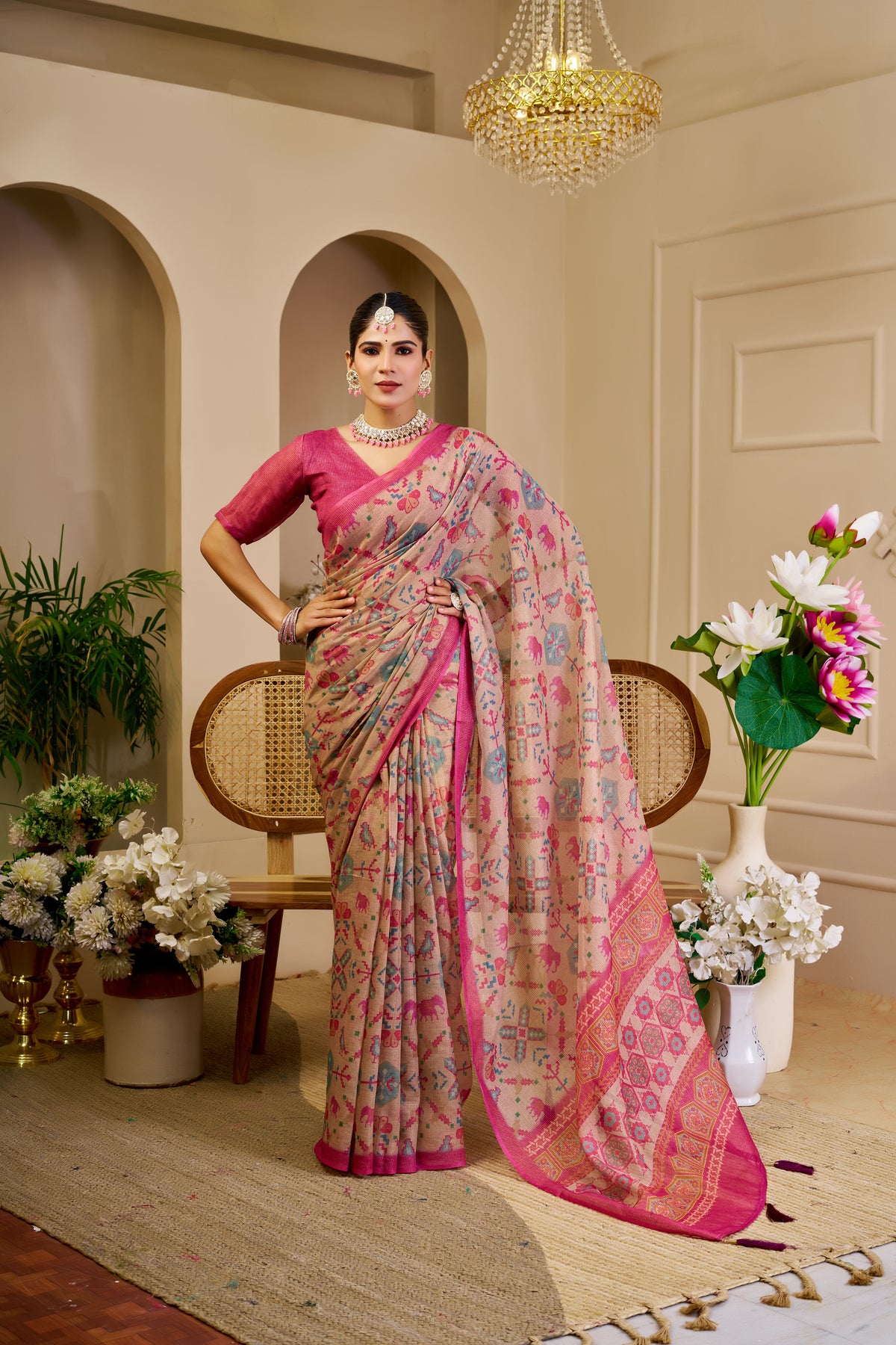 Champagne Beige Tissue Silk Saree with Multicolour Motifs, Rani Pink Border and Running Blouse for Festive Occasions