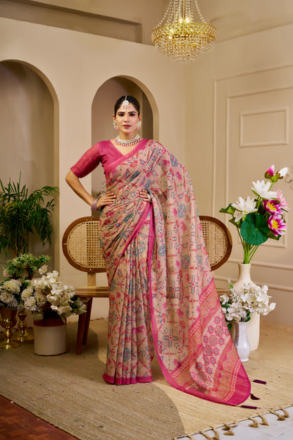 Champagne Beige Tissue Silk Saree with Multicolour Motifs, Rani Pink Border and Running Blouse for Festive Occasions