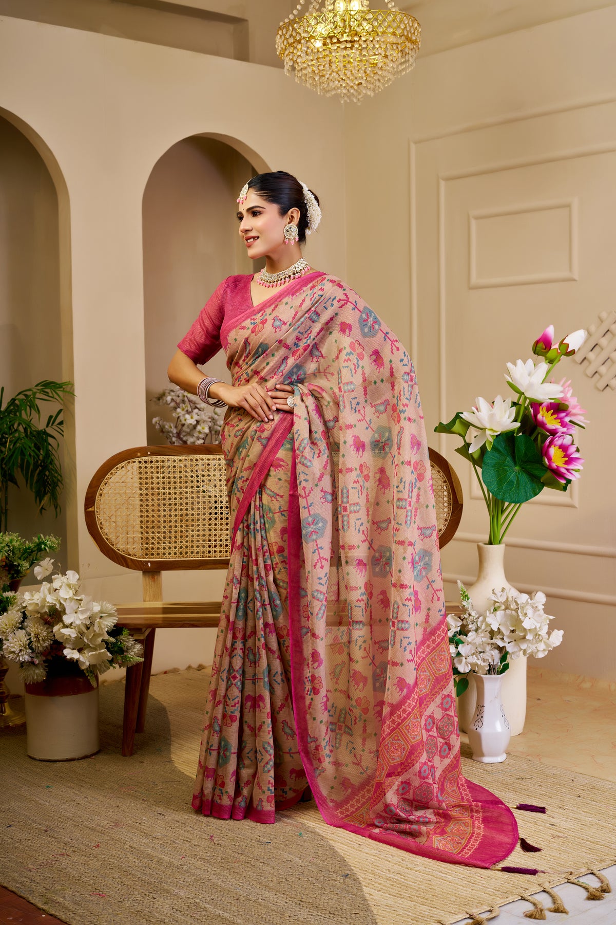 Champagne Beige Tissue Silk Saree with Multicolour Motifs, Rani Pink Border and Running Blouse for Festive Occasions