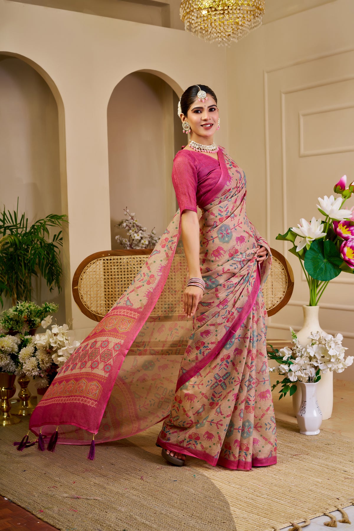Champagne Beige Tissue Silk Saree with Multicolour Motifs, Rani Pink Border and Running Blouse for Festive Occasions