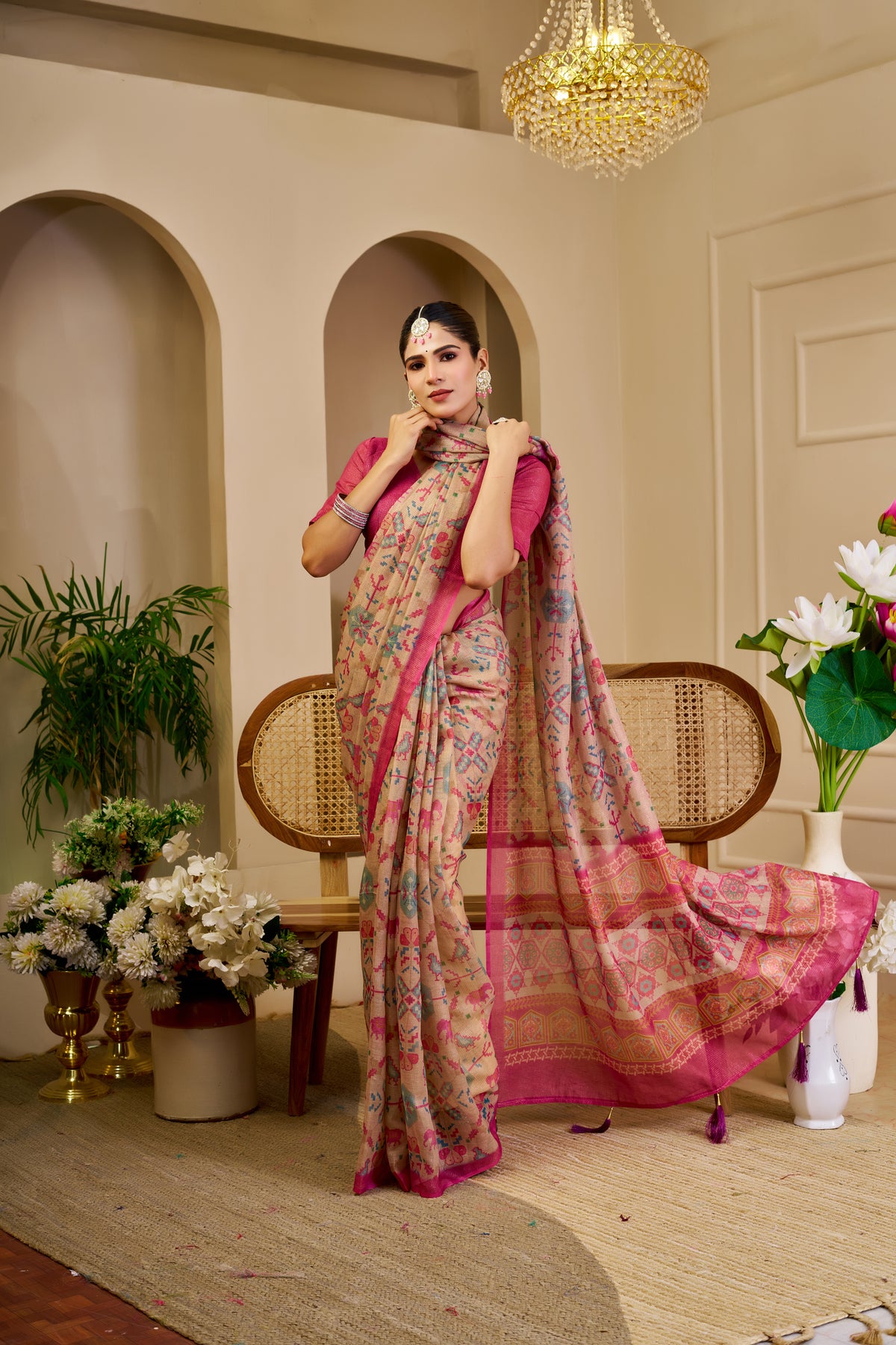 Champagne Beige Tissue Silk Saree with Multicolour Motifs, Rani Pink Border and Running Blouse for Festive Occasions
