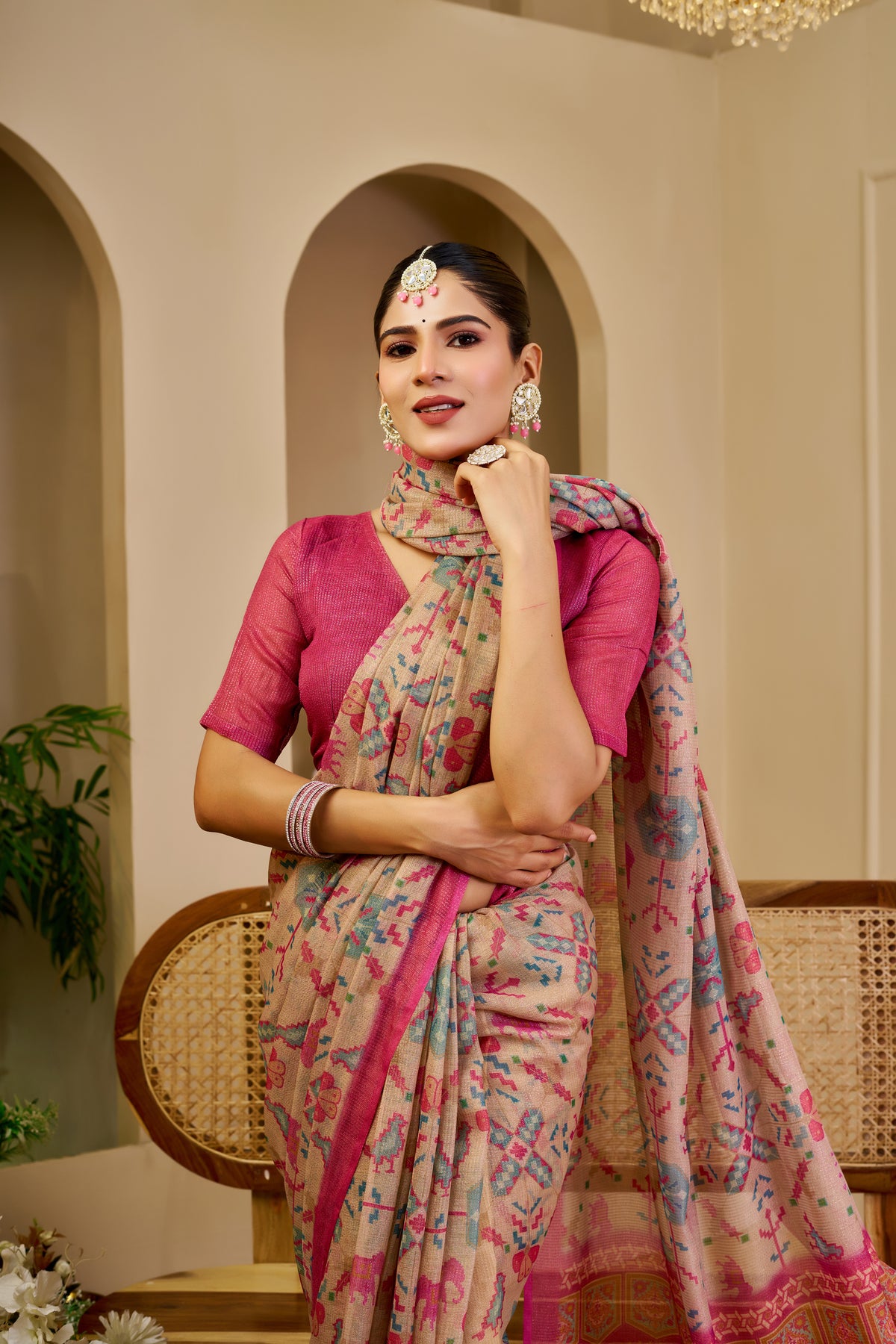 Champagne Beige Tissue Silk Saree with Multicolour Motifs, Rani Pink Border and Running Blouse for Festive Occasions