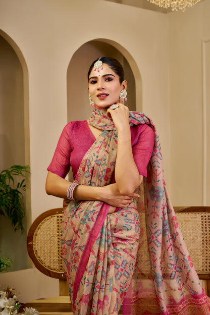 Champagne Beige Tissue Silk Saree with Multicolour Motifs, Rani Pink Border and Running Blouse for Festive Occasions