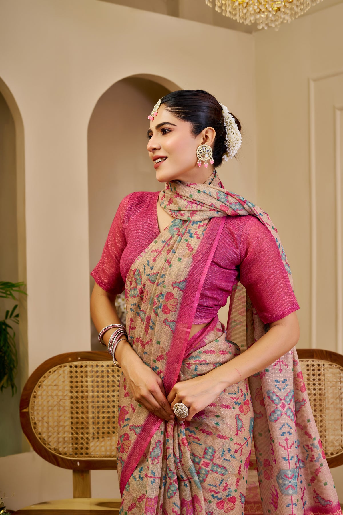 Champagne Beige Tissue Silk Saree with Multicolour Motifs, Rani Pink Border and Running Blouse for Festive Occasions