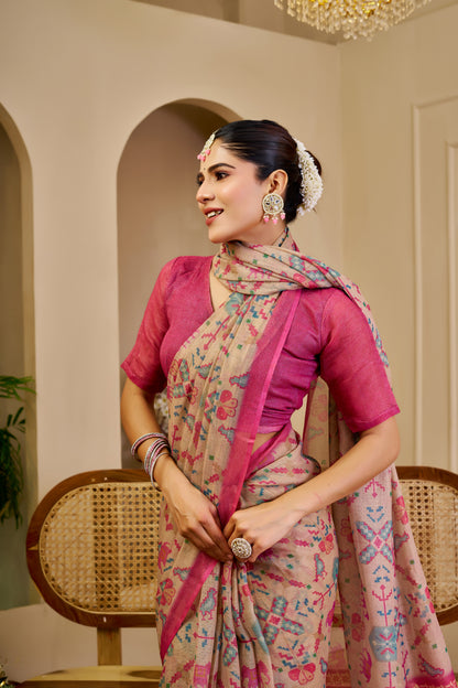 Champagne Beige Tissue Silk Saree with Multicolour Motifs, Rani Pink Border and Running Blouse for Festive Occasions