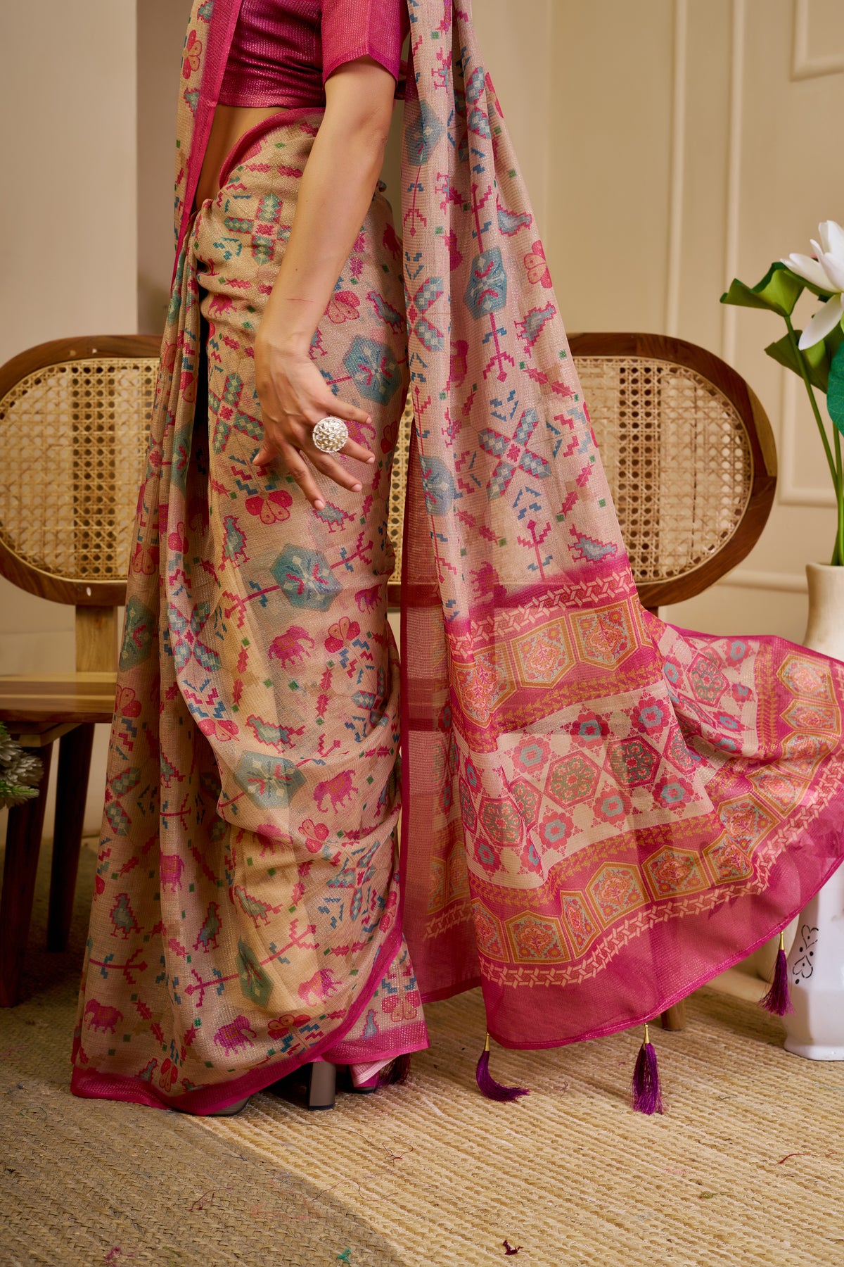 Champagne Beige Tissue Silk Saree with Multicolour Motifs, Rani Pink Border and Running Blouse for Festive Occasions