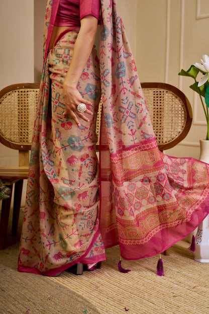 Champagne Beige Tissue Silk Saree with Multicolour Motifs, Rani Pink Border and Running Blouse for Festive Occasions