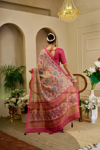 Champagne Beige Tissue Silk Saree with Multicolour Motifs, Rani Pink Border and Running Blouse for Festive Occasions