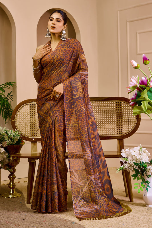 Copper Brown Tissue Silk Saree with Mauve and Gold-Toned Patterns, Tassel Pallu and Running Blouse for Festive Wear