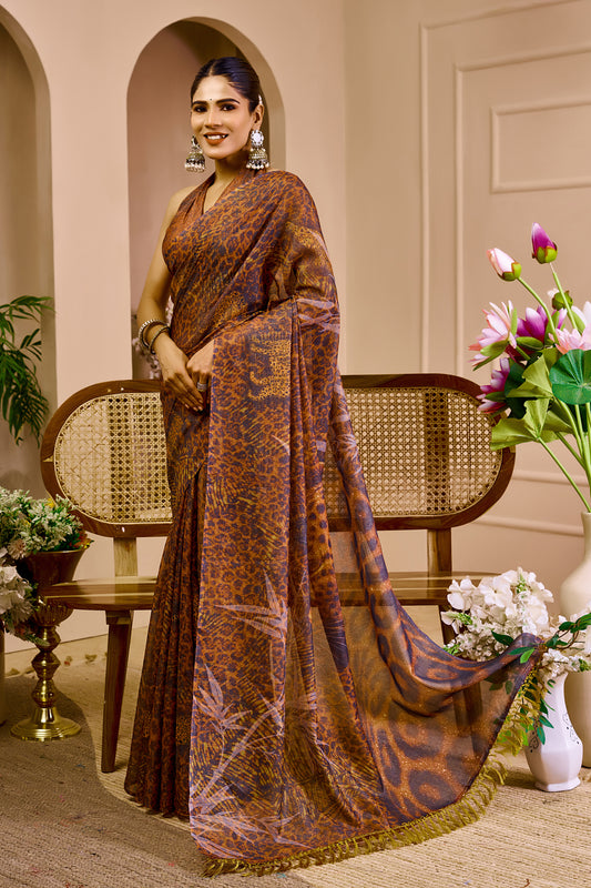 Copper Brown Tissue Silk Saree with Mauve and Gold-Toned Patterns, Tassel Pallu and Running Blouse for Festive Wear