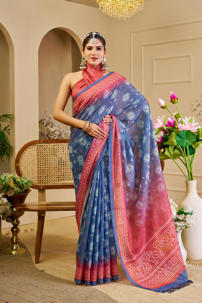Slate Blue Tissue Silk Saree with Coral Pink Border, Decorative Motifs and Pallu, 6.3 m with Running Blouse for Festive Wear