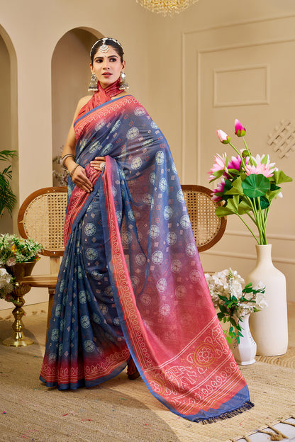Slate Blue Tissue Silk Saree with Coral Pink Border, Decorative Motifs and Pallu, 6.3 m with Running Blouse for Festive Wear