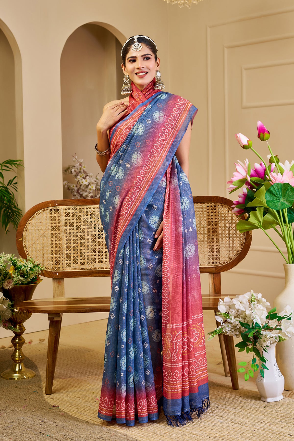 Slate Blue Tissue Silk Saree with Coral Pink Border, Decorative Motifs and Pallu, 6.3 m with Running Blouse for Festive Wear