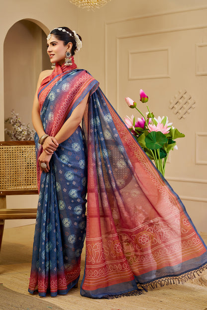 Slate Blue Tissue Silk Saree with Coral Pink Border, Decorative Motifs and Pallu, 6.3 m with Running Blouse for Festive Wear