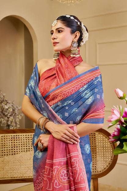 Slate Blue Tissue Silk Saree with Coral Pink Border, Decorative Motifs and Pallu, 6.3 m with Running Blouse for Festive Wear
