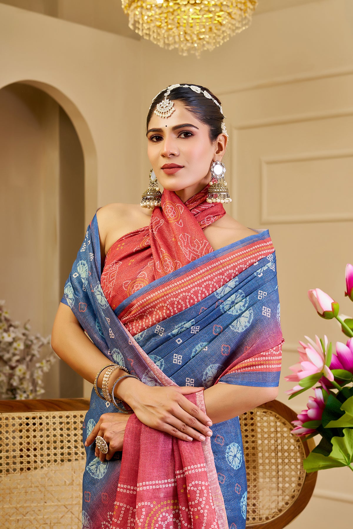 Slate Blue Tissue Silk Saree with Coral Pink Border, Decorative Motifs and Pallu, 6.3 m with Running Blouse for Festive Wear
