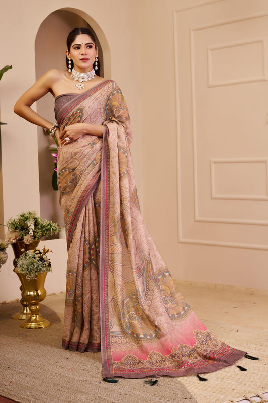 Dusty Rose and Beige Tissue Silk Saree with Peacock Motifs, Decorative Border and Running Blouse for Festive Wear