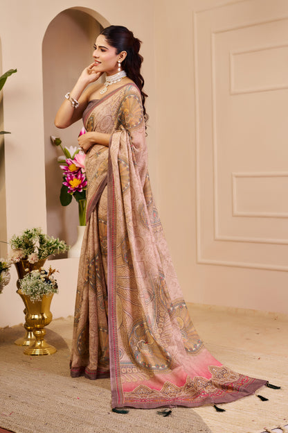 Dusty Rose and Beige Tissue Silk Saree with Peacock Motifs, Decorative Border and Running Blouse for Festive Wear