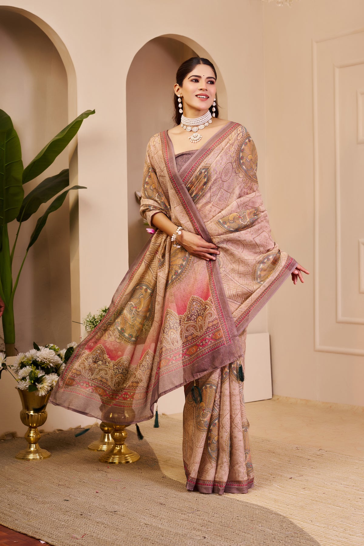 Dusty Rose and Beige Tissue Silk Saree with Peacock Motifs, Decorative Border and Running Blouse for Festive Wear