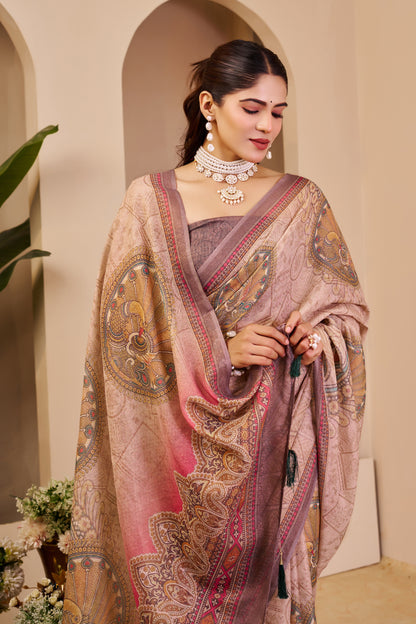 Dusty Rose and Beige Tissue Silk Saree with Peacock Motifs, Decorative Border and Running Blouse for Festive Wear
