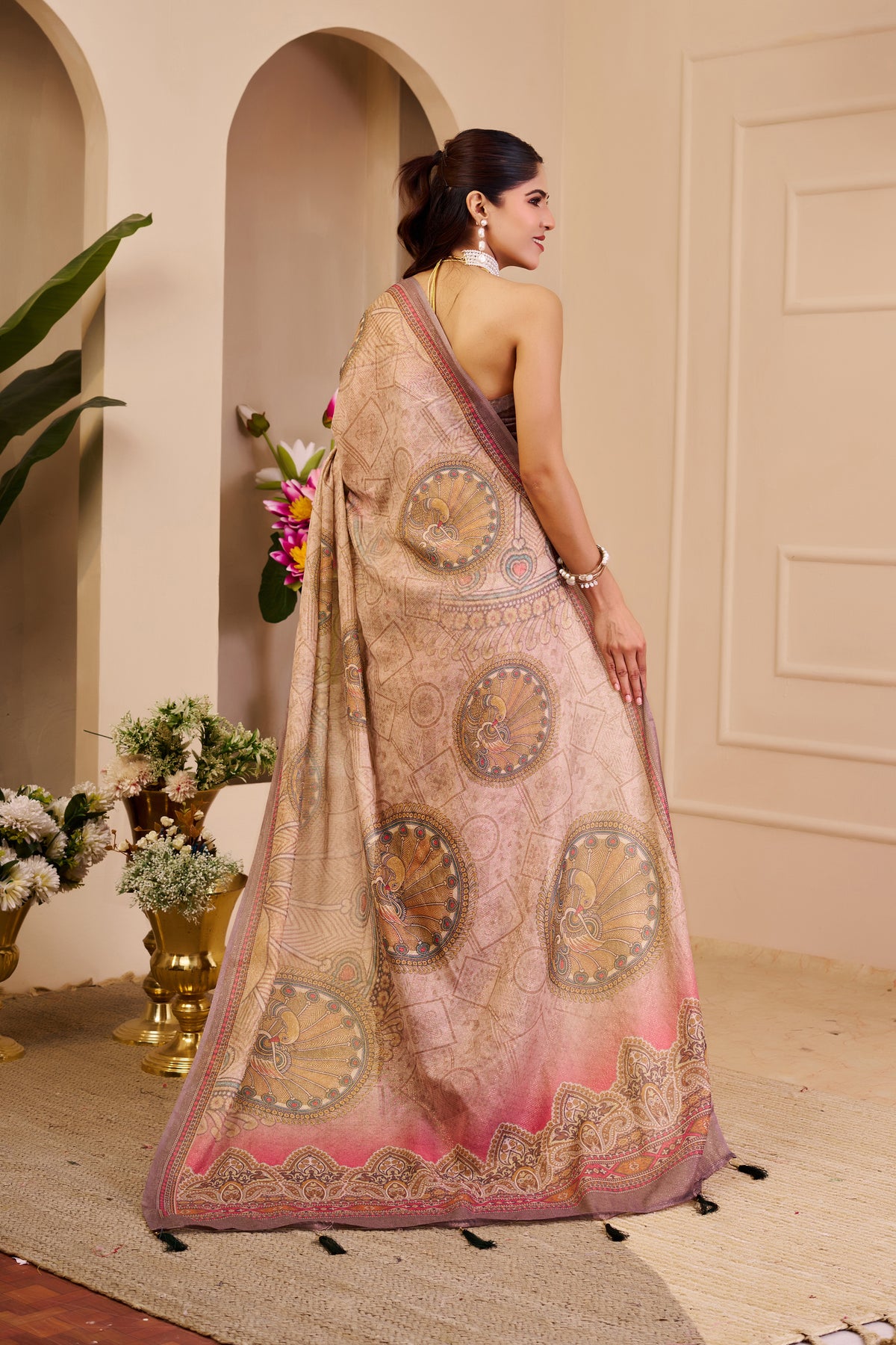 Dusty Rose and Beige Tissue Silk Saree with Peacock Motifs, Decorative Border and Running Blouse for Festive Wear