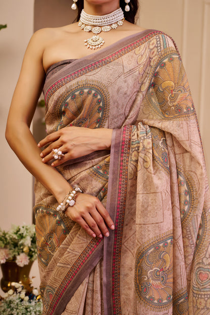 Dusty Rose and Beige Tissue Silk Saree with Peacock Motifs, Decorative Border and Running Blouse for Festive Wear