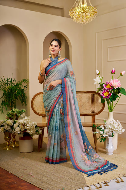Sea Green Tissue Silk Saree with Floral Motifs, Pink and Blue Border & Running Blouse for Festive Occasions