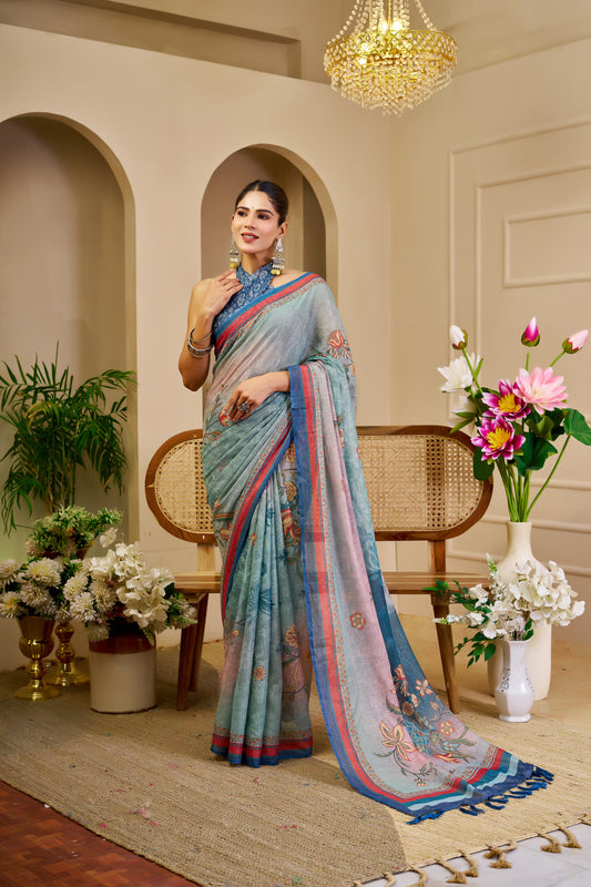 Sea Green Tissue Silk Saree with Floral Motifs, Pink and Blue Border & Running Blouse for Festive Occasions