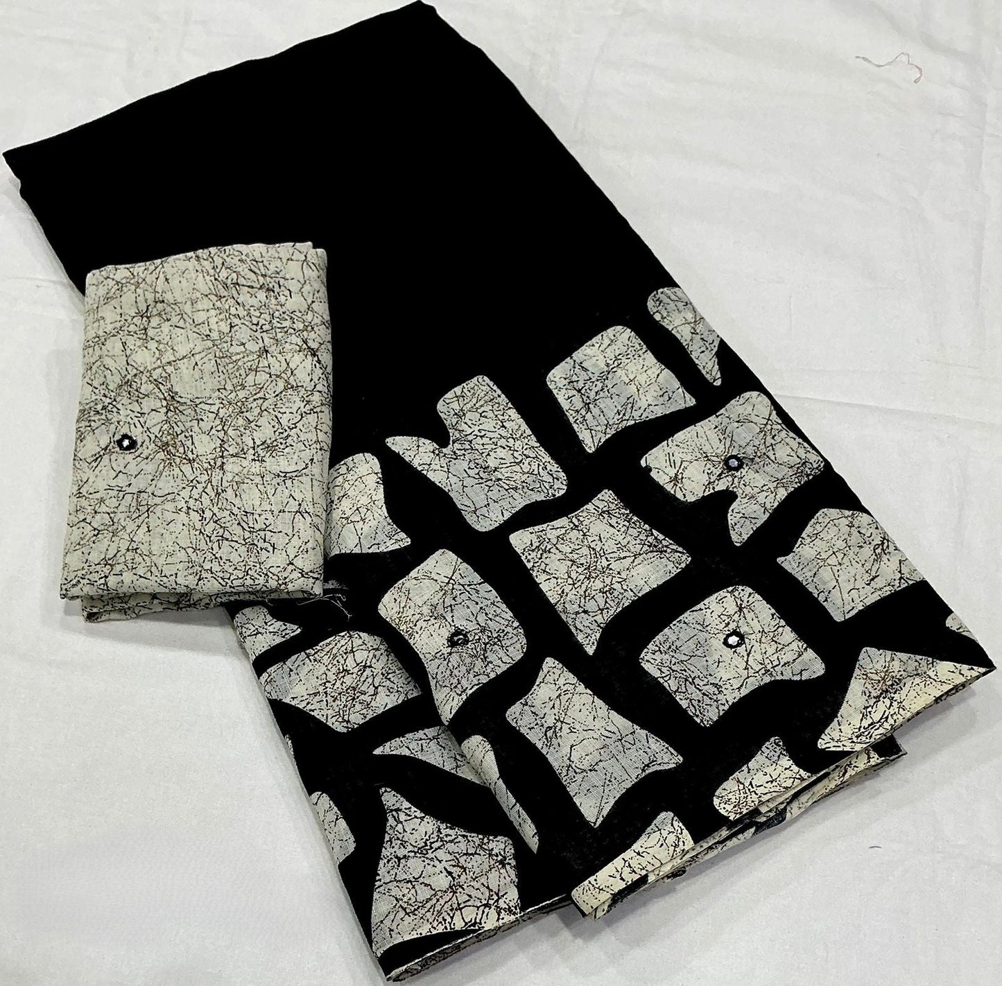 Black white batik linen saree - model front view