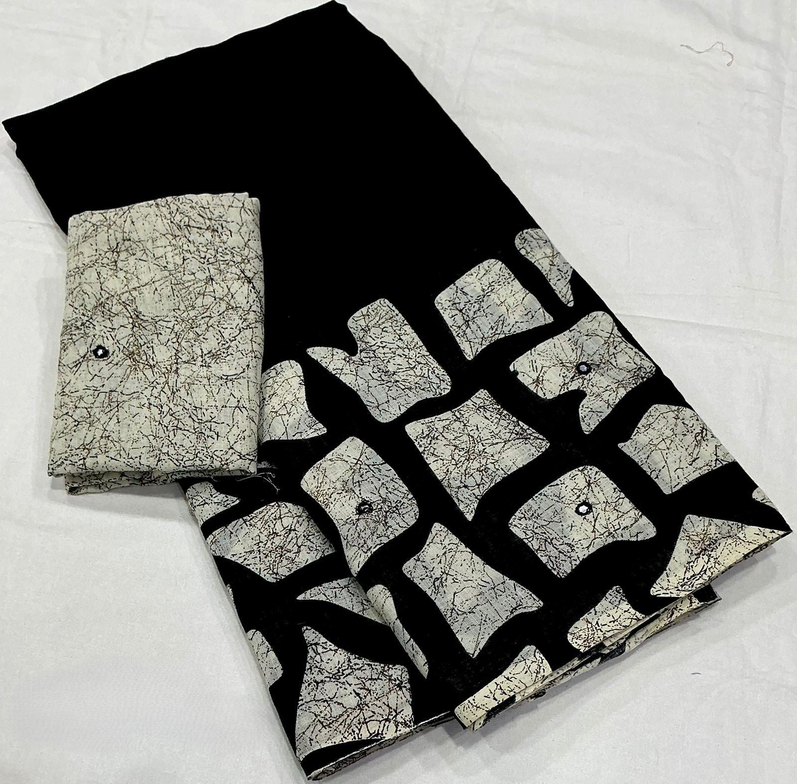 Black white batik linen saree - model front view