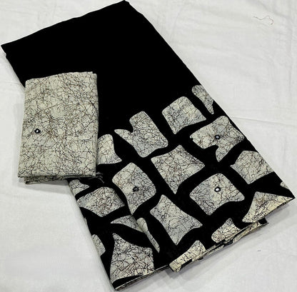 Black white batik linen saree - model front view