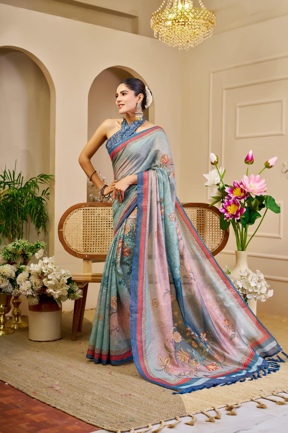 Sea Green Tissue Silk Saree with Floral Motifs, Pink and Blue Border & Running Blouse for Festive Occasions