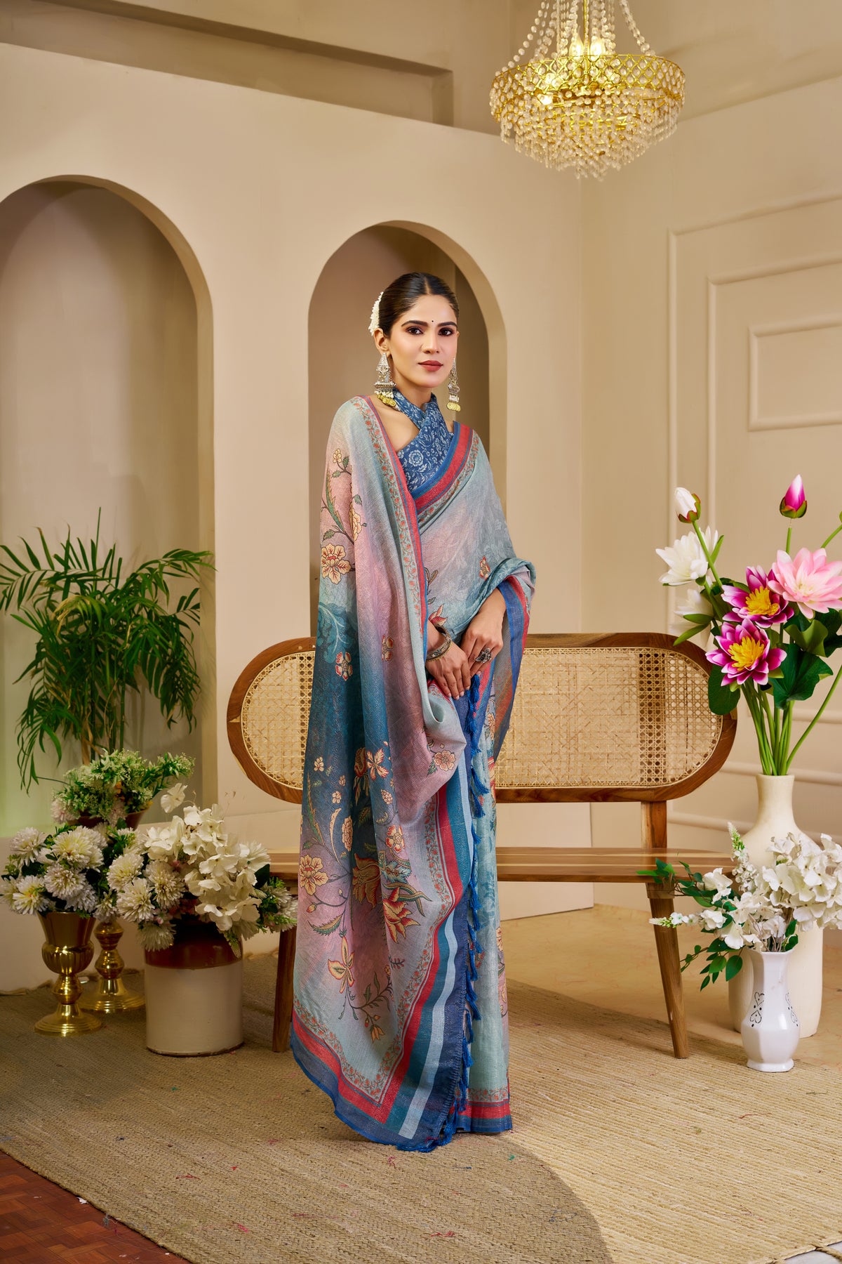 Sea Green Tissue Silk Saree with Floral Motifs, Pink and Blue Border & Running Blouse for Festive Occasions
