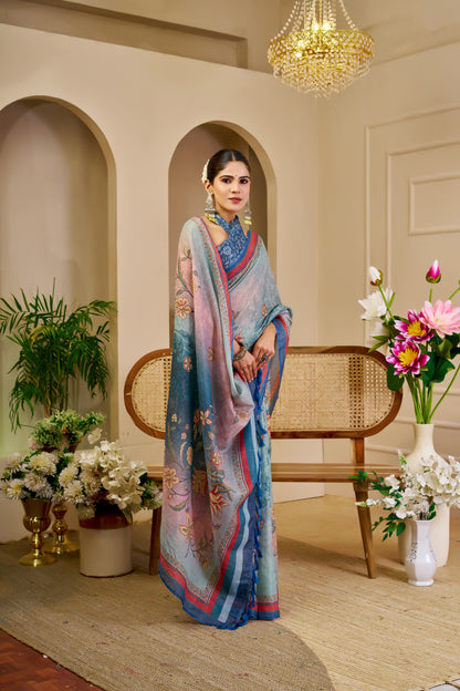 Sea Green Tissue Silk Saree with Floral Motifs, Pink and Blue Border & Running Blouse for Festive Occasions