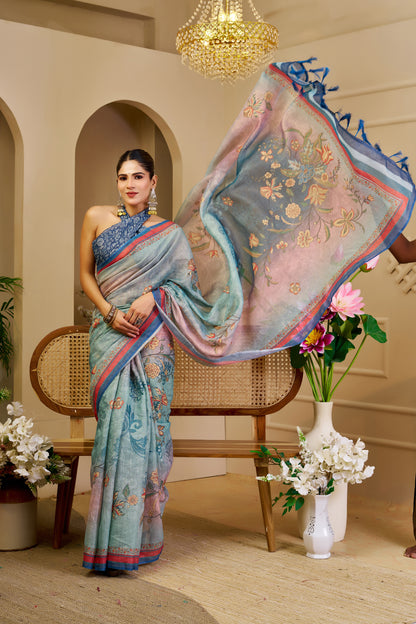 Sea Green Tissue Silk Saree with Floral Motifs, Pink and Blue Border & Running Blouse for Festive Occasions