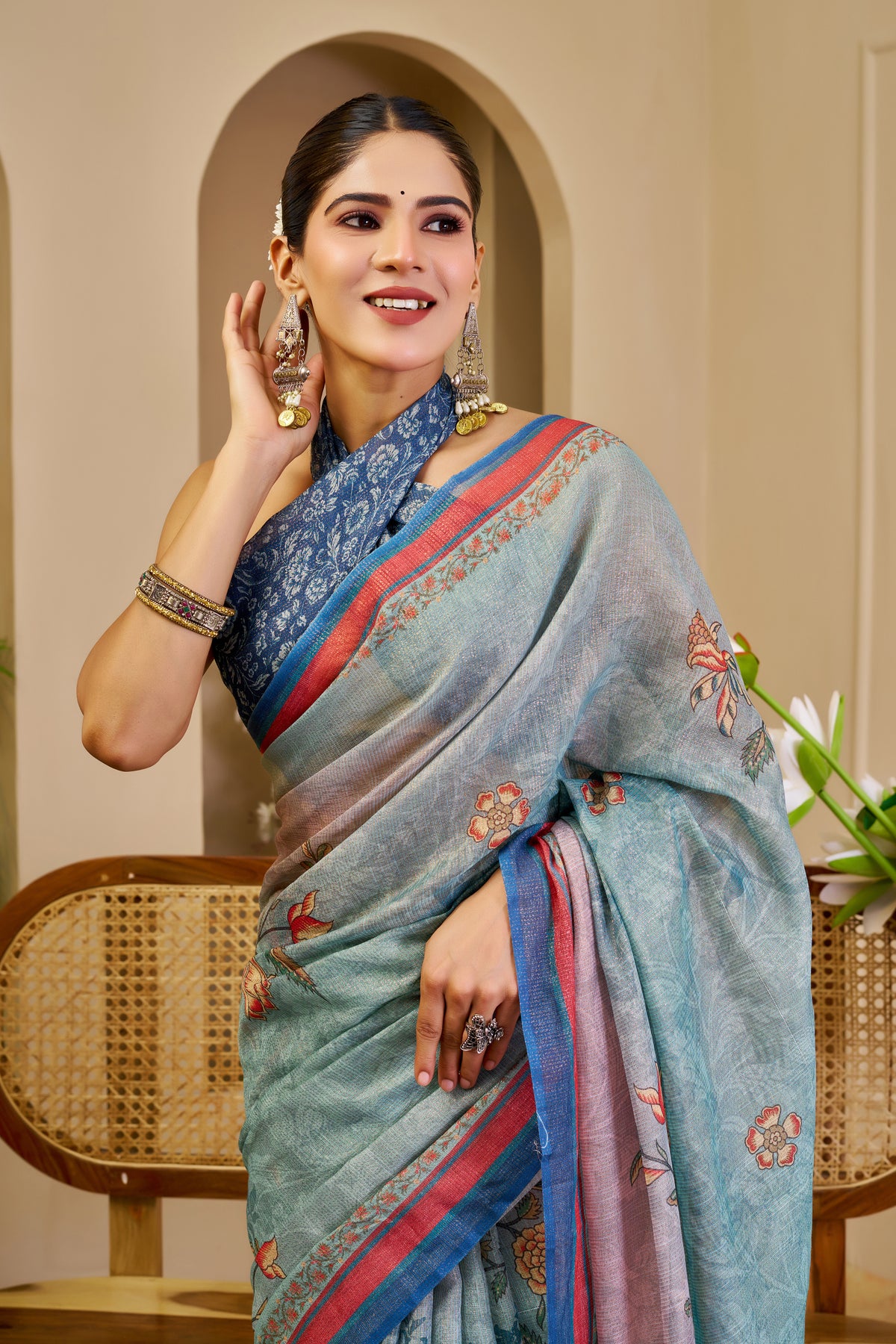 Sea Green Tissue Silk Saree with Floral Motifs, Pink and Blue Border & Running Blouse for Festive Occasions