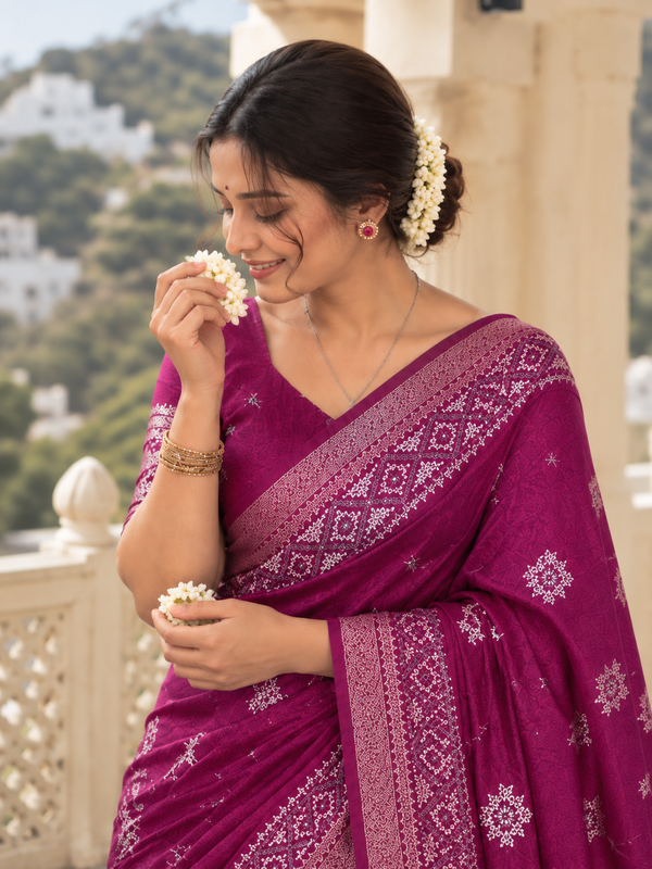 Bunny Crape Self-Weaving Jacquard Saree with Paper Mirror Work, Zari Border & Tassels – Swaraas