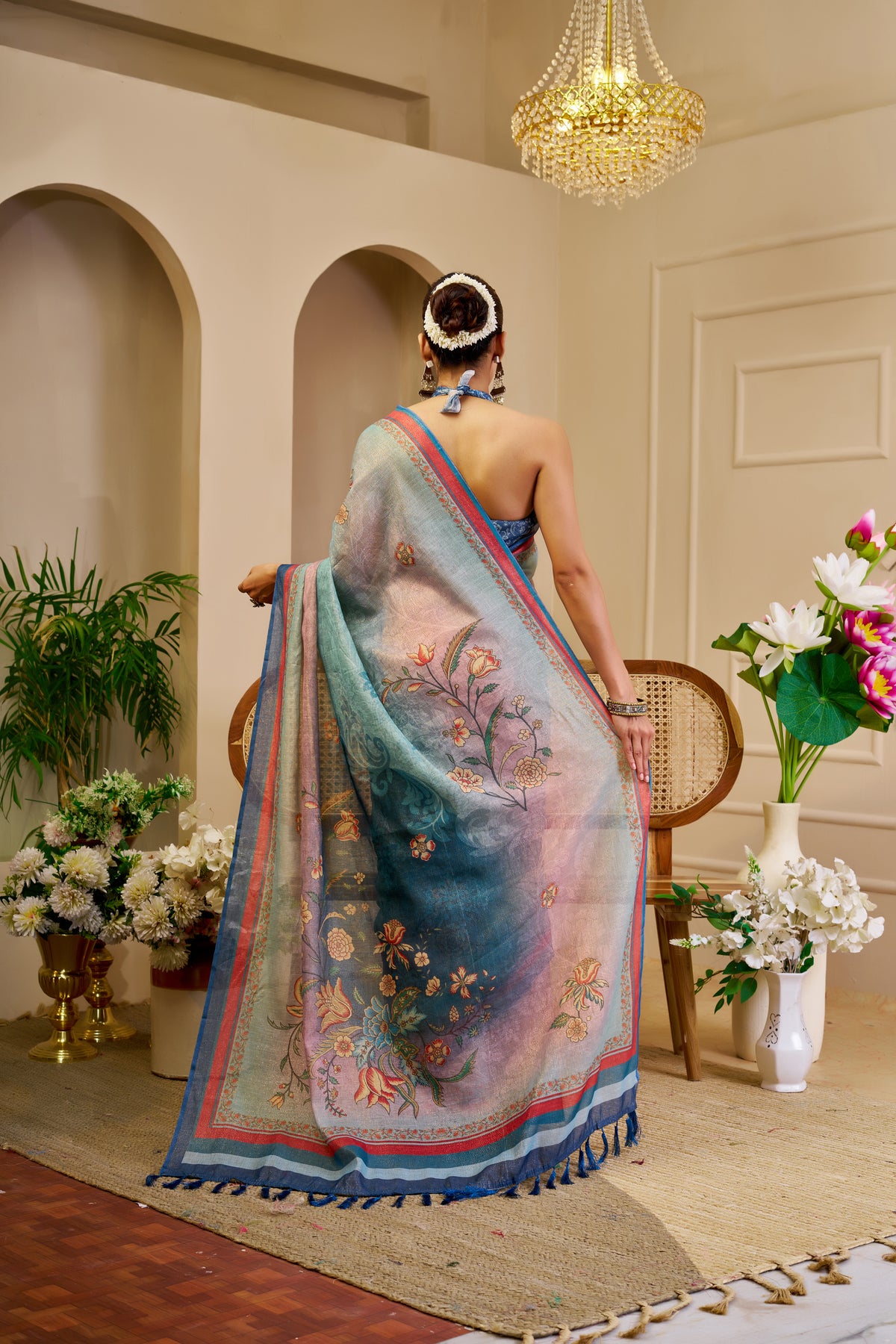 Sea Green Tissue Silk Saree with Floral Motifs, Pink and Blue Border & Running Blouse for Festive Occasions