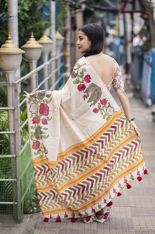 Soft Linen Cotton Saree with Aari Mirror Work | Tassel Pallu | Running Blouse