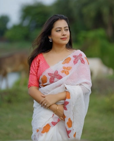 Butterfly Crush Soft Ivory White Chiffon Saree with Zari Embroidery & Banarasi Silk Blouse – AK 481