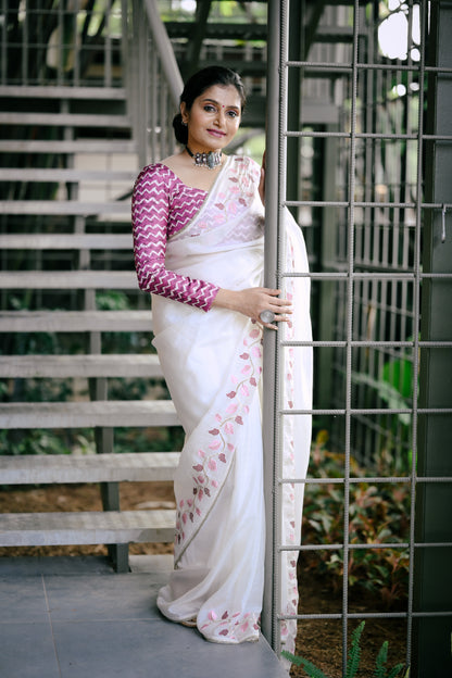 Premium Crushed Georgette Designer Saree in White Leaf Edition with Batik Print Crape Silk Blouse