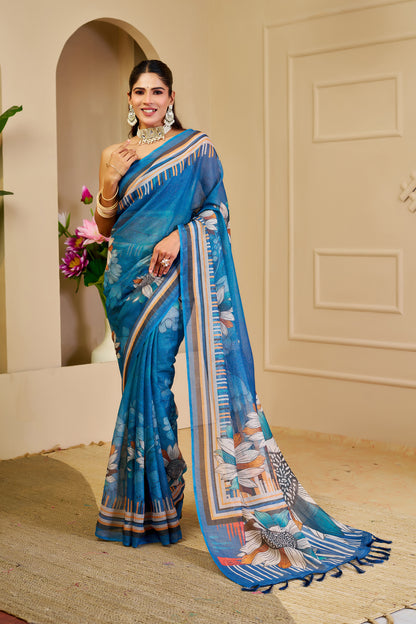 Peacock Blue Tissue Silk Saree with Floral Design, Striped Border and Running Blouse for Festive Occasions | Swaraas