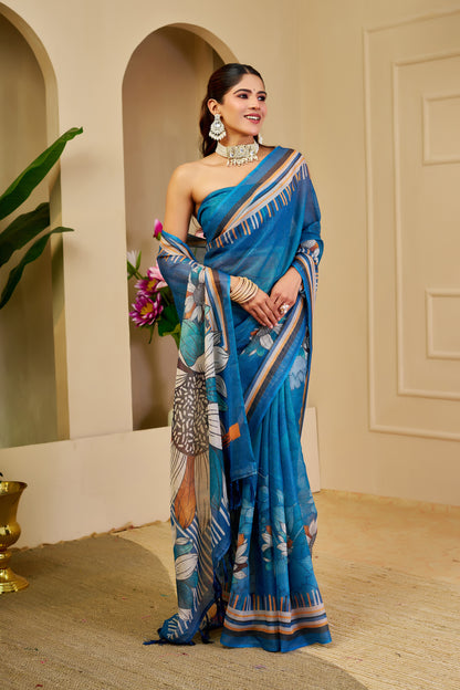 Peacock Blue Tissue Silk Saree with Floral Design, Striped Border and Running Blouse for Festive Occasions | Swaraas